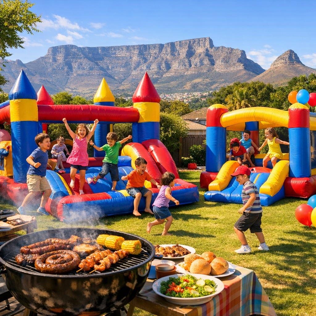Outdoor party setup with jumping castles and BBQ
